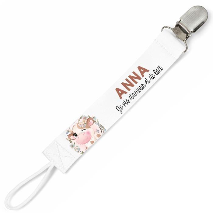 Planetee Attache tétine pour prénom ANNA je vis d'amour et de lait Vache | Attache sucette cadeau naissance