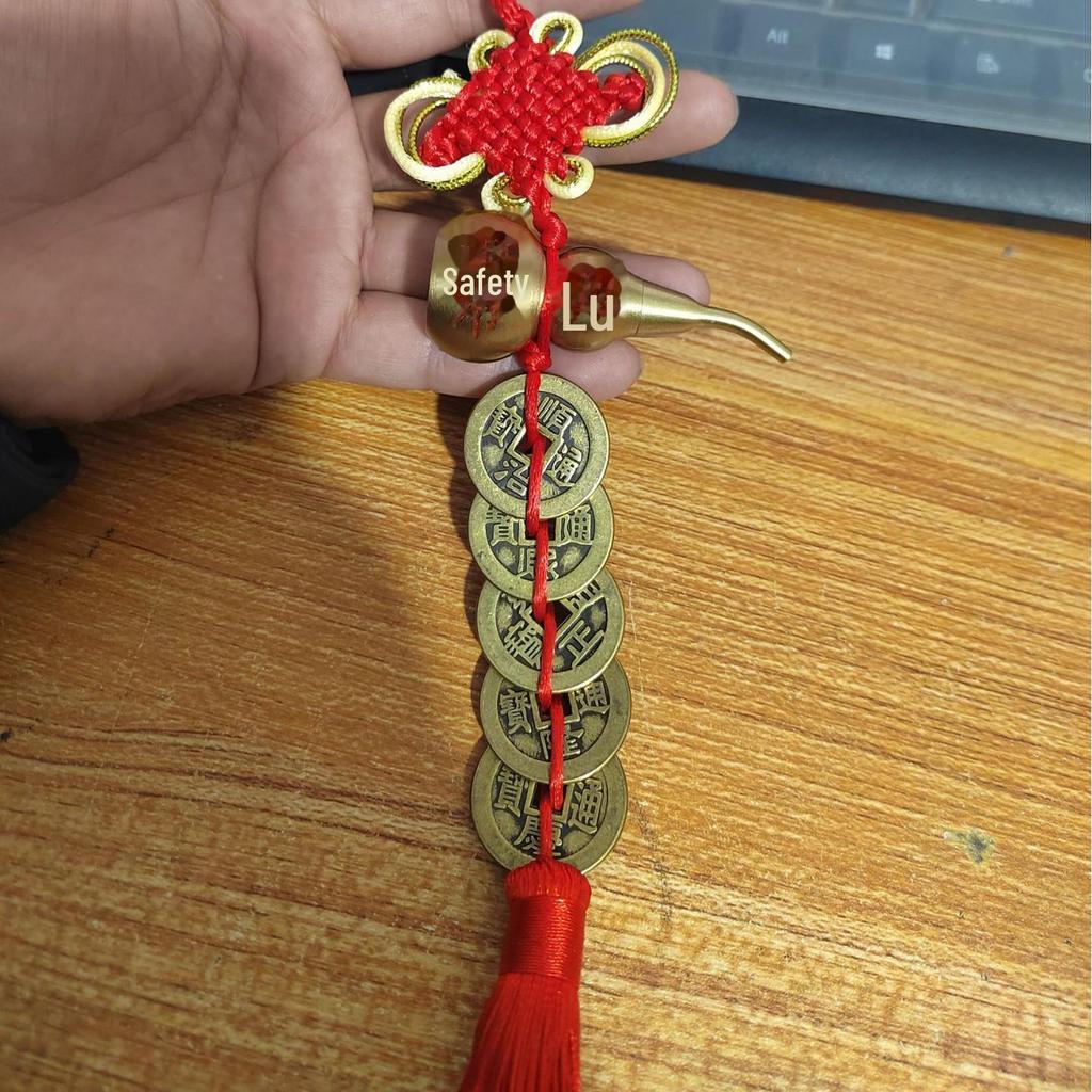 Подвеска из чистой меди «Пять императорских монет и тыква Багуа» для удачи, здоровья и благословения фэн-шуй (7см)