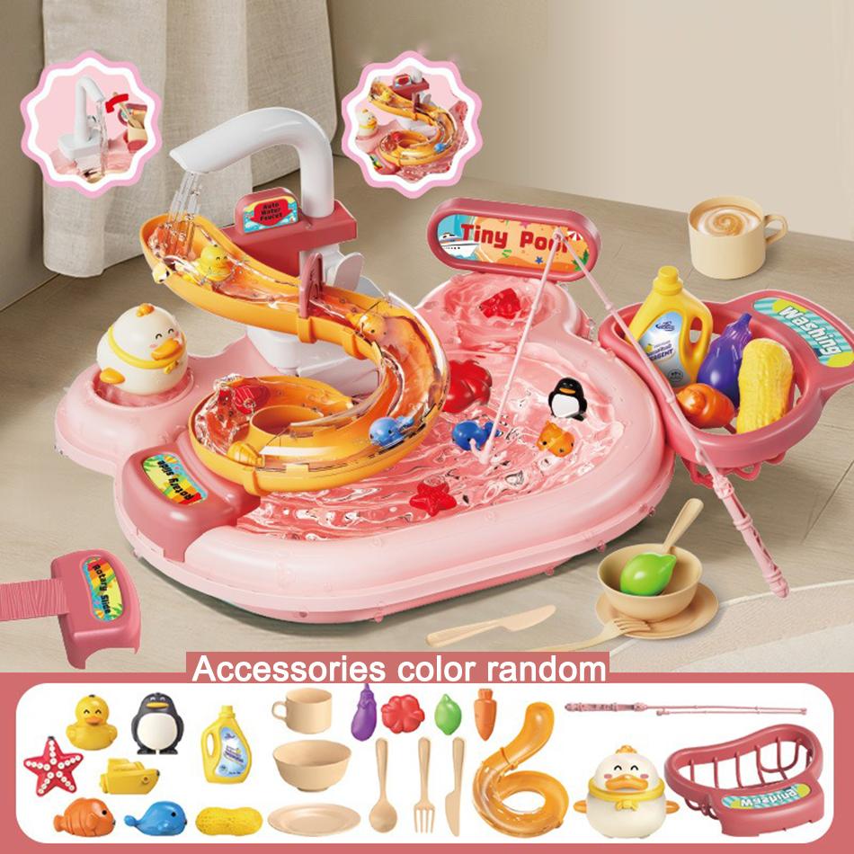 Kids Kitchen Sink Toys Electric Dishwasher Playing Toy With Running Water Pretend Play Food Fishing Toy Role Playing Girls Gift