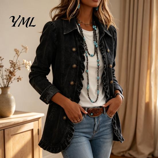 Turndown Collar Jackets Women Bohemia Floral Jacket, Ruffled Open Front Coat, Jacket Slim Fit Casual Long Sleeve Outwear for Fall