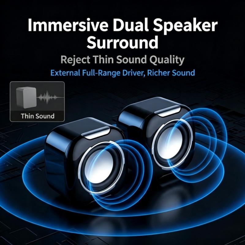 Mini Desktop Computer Speakers USB Dual Bass Cannon Home Use Stereo Surround Sound Quality Compact Soundbox for PCs