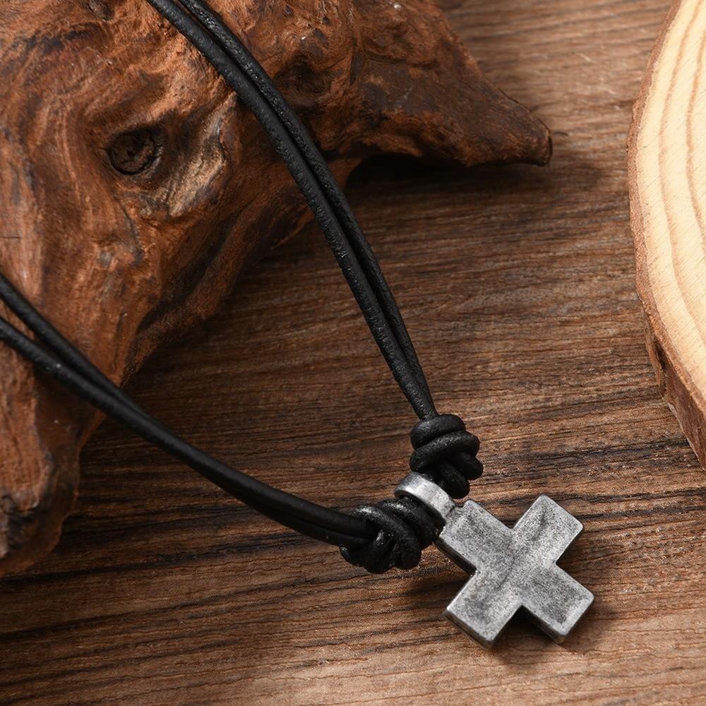 Handmade Craft Rope Leather Necklace Simple Braided Cross Necklace Cross Pendant Necklace  Gifts