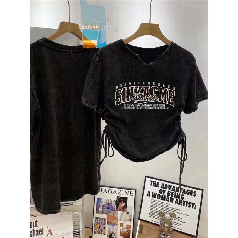 Женская футболка из чистого хлопка с коротким рукавом и принтом в стиле хай-стрит с эффектом потертости – Летняя коллекция 2025 года в национальном стиле