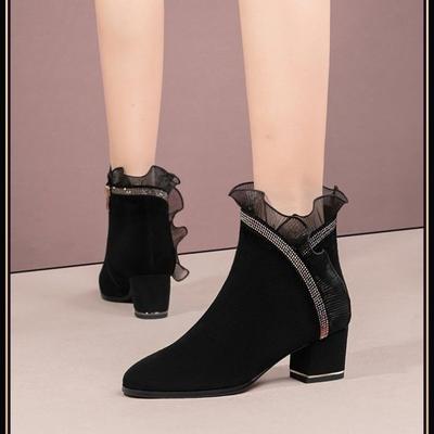 Осень и зима стразы кружевной край матовая мягкая кожа толстый каблук короткие ботинки женские средний каблук новые мягкие кожаные женские ботинки ботильоны