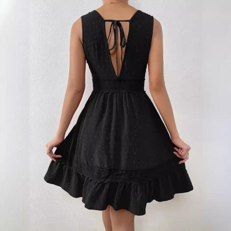 Fashion V-Neck Women Lace Splicing Summer Dress Sexy Backless Casual Elegant A-line Party Short Dresses Female Loose Simple Women's Clothing