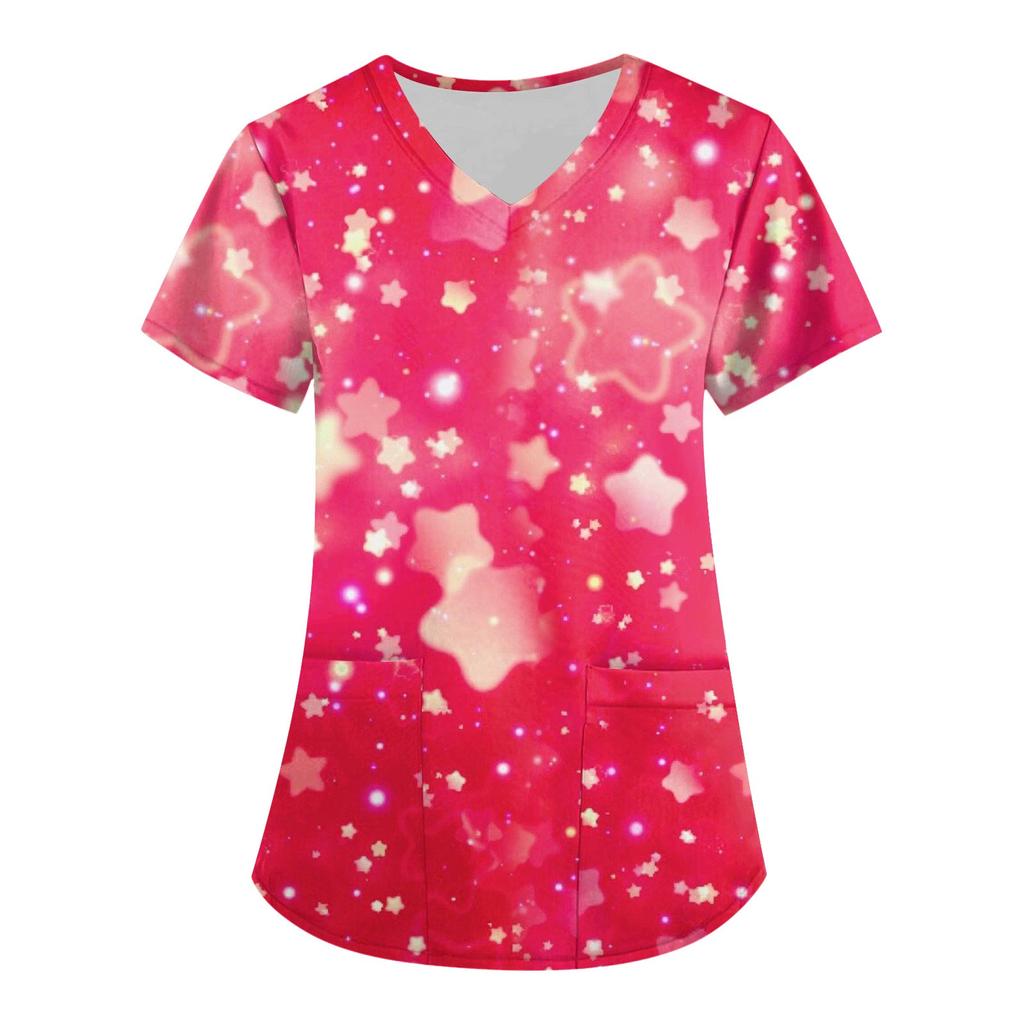 Женская мода, рабочая одежда с v-образным вырезом, короткими рукавами и карманами, топы с принтом ко Дню святого Валентина