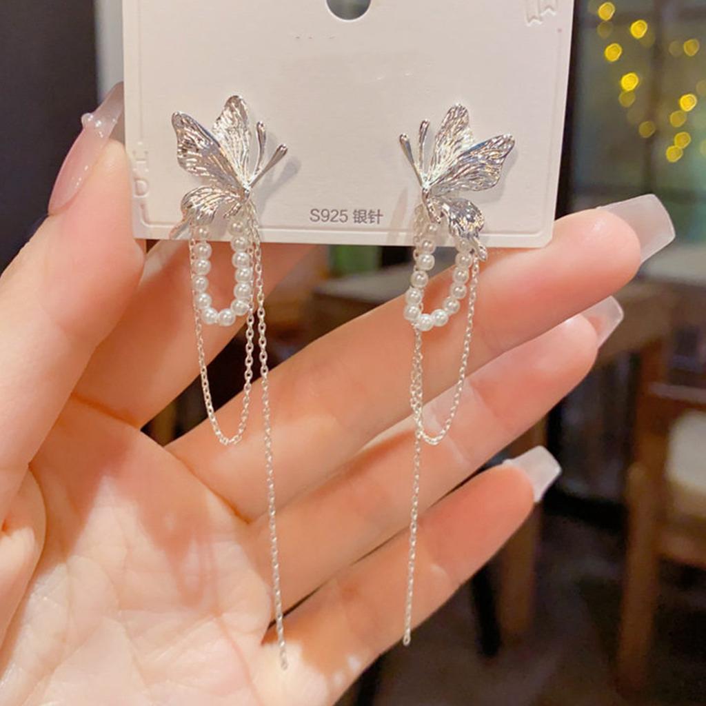 1011 New Silver Butterfly Pearl Tassel Earrings Women's Premium Light Luxury Niche Earrings Holiday Wind Ear Jewelry