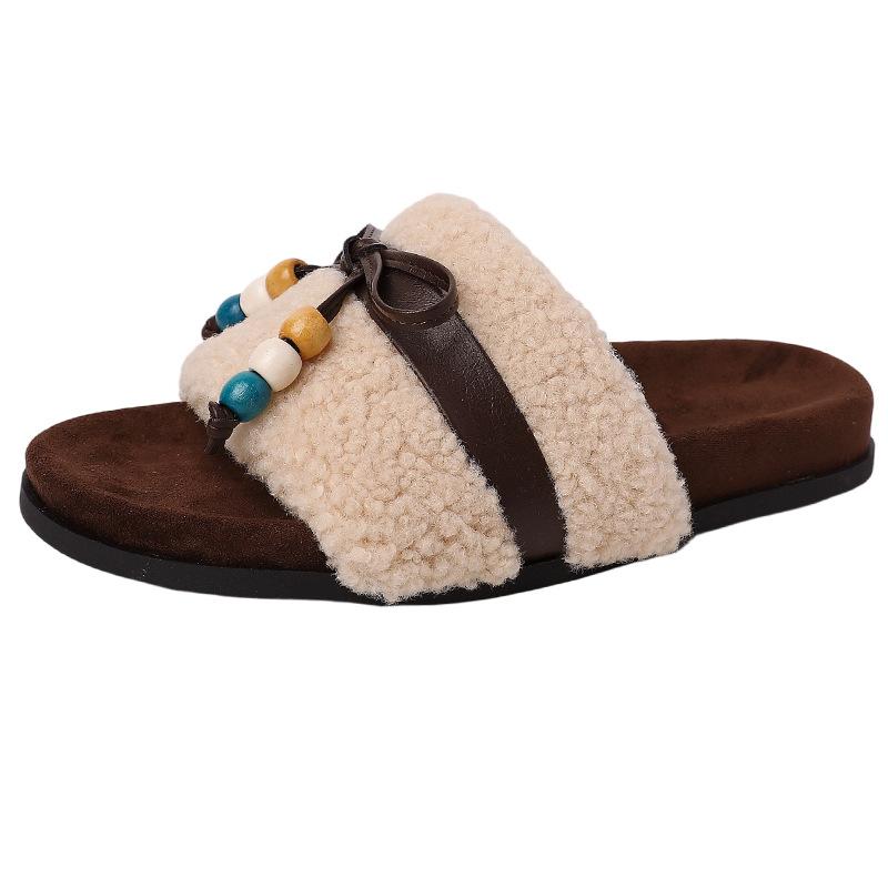 Retro Style Bow Casual One-word Slippers Women's Autumn and Winter Wear Comfortable and Warm Fluffy Shoes Platform Cotton Slippers