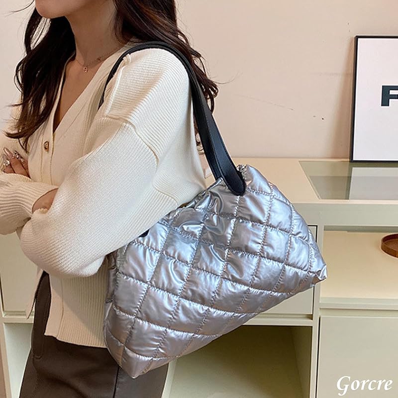 [Gorcre] quilting mini tote bag ladies luster quilt tote bag Shoulder bag lightweight commute Commuting to school casual (Silver)