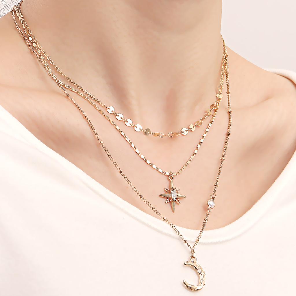 European and American accessories, simple and versatile Tianmang star moon necklace, trendy fringed pieces, multi-layer stacked neck chains