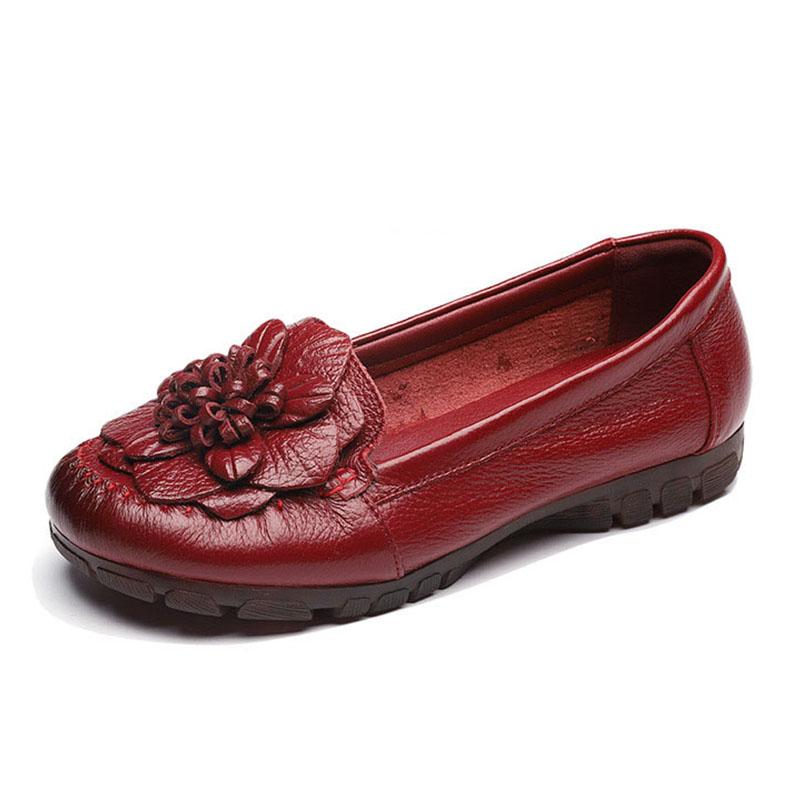 Vintage Summer Genuine Leather Shoes Without Heels Women's Moccasin Woman Ballet Flats Slip On Floral Loafer Ladies Chic Shoes