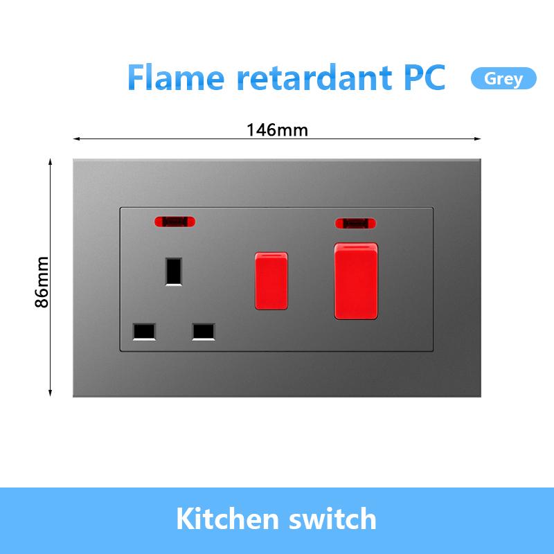 146 UK Standard 45A High Power Kitchen Electric Switch Socket 13A Wall Power Supply Cooker Glass Plastic Aluminum outlet Black