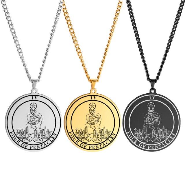 Spiritual Tarot Pendant Necklace And Women The Suit Of Pentacles Pendants Retro For Men Round Stainless Steel JewelryVintage Pendant Necklace