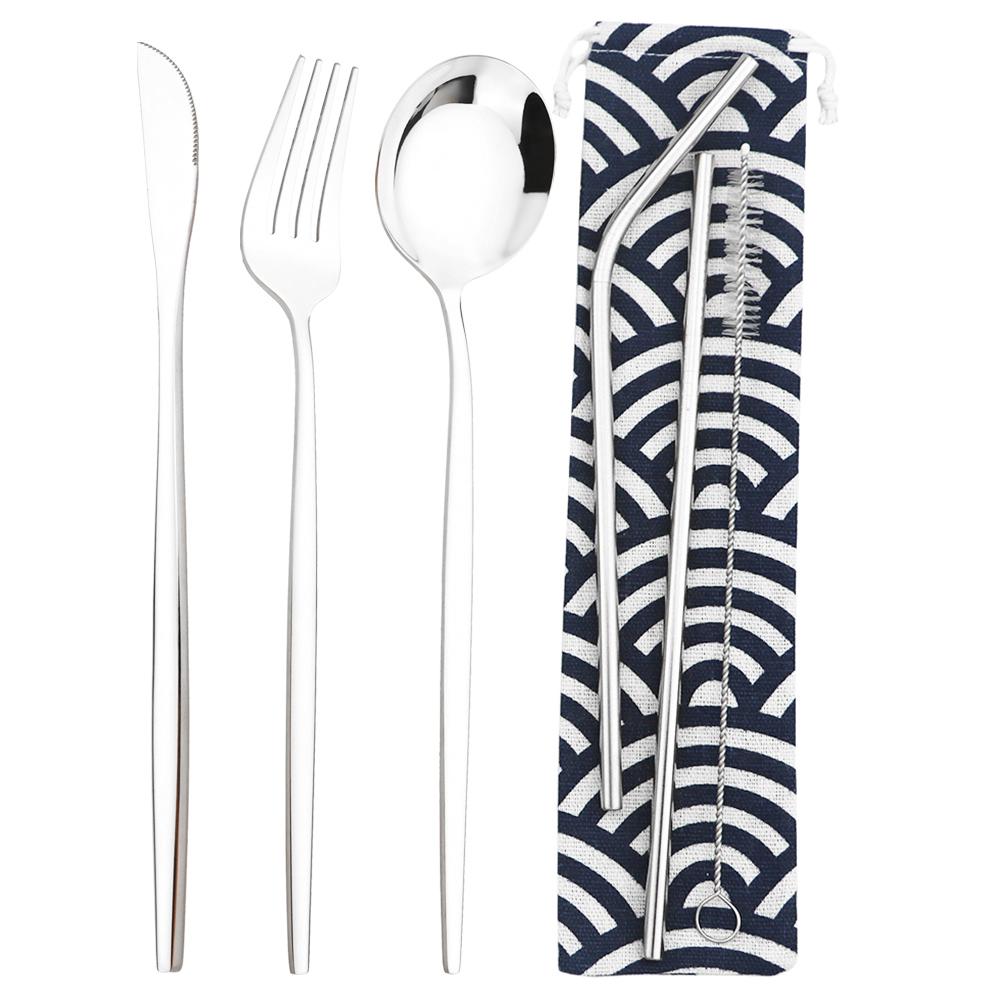 6 шт., набор столовых приборов для кемпинга, дорожный набор столовых приборов, нож, вилка, ложка, соломинка с портативной сумкой, набор посуды из нержавеющей стали