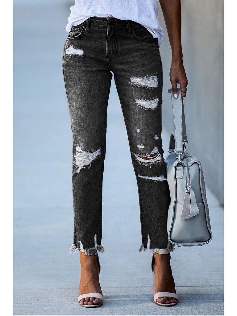 2025 Washed Ripped Tassel Skinny Stretch Jeans for Women - European & American Style