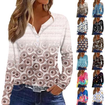 Жен. Футболка Футболка на пуговицах с длинным рукавом Повседневные Выходные Мода Классический Топ с v-образным вырезом Обычный