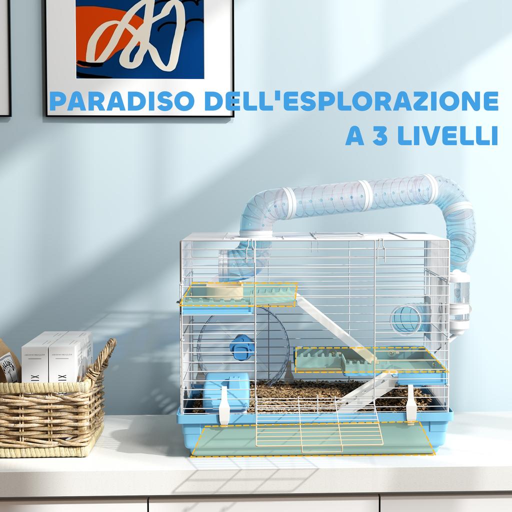 3-Story Hamster Cage with House, Wheel, Food Bowl, Bottle and Tubes, Blue