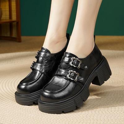 Женские лоферы на платформе-маффин 2025 новая ретро британский стиль маленькие кожаные туфли французский толстый каблук с глубоким вырезом туфли на каждый день в иностранном стиле