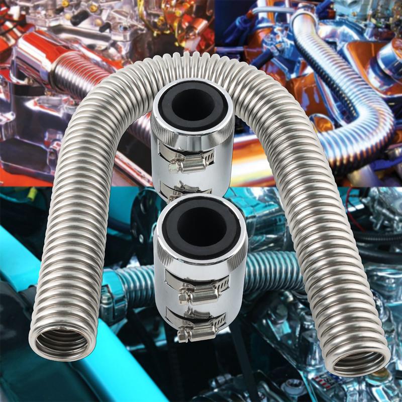 24" (61cm) Stainless Steel Radiator Hose Flexible Coolant Water Hose Kit With 2 Chrome Caps Universal