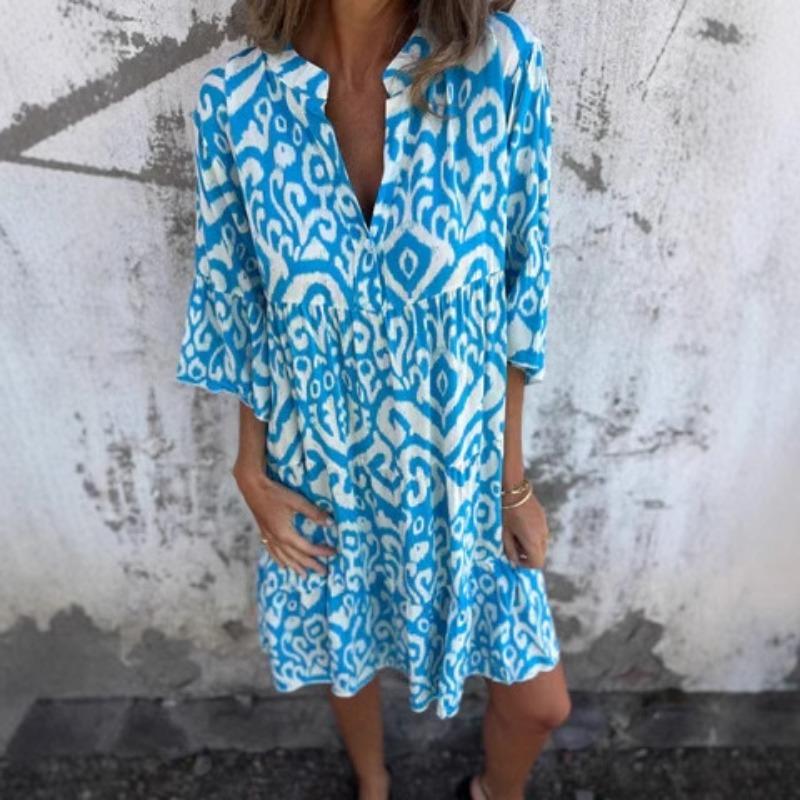 Женское весенне-летнее повседневное платье с V-образным вырезом, принтом и плиссировкой, эластичное с четырех сторон