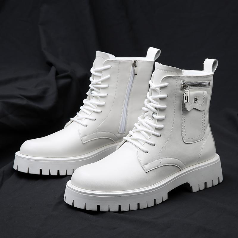 High Quality Men White Boots 2024 Fashion Zip Design Men's Leather Boot Anti-slip Lace-up Man Platform Boots Botas Para Hombre