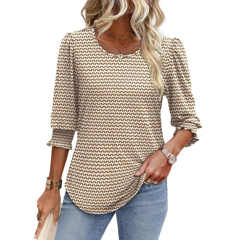 Women's Top with 7-inch Sleeves, Round Neck, Elegant Casual T-shirt, Worn As An Outerwear