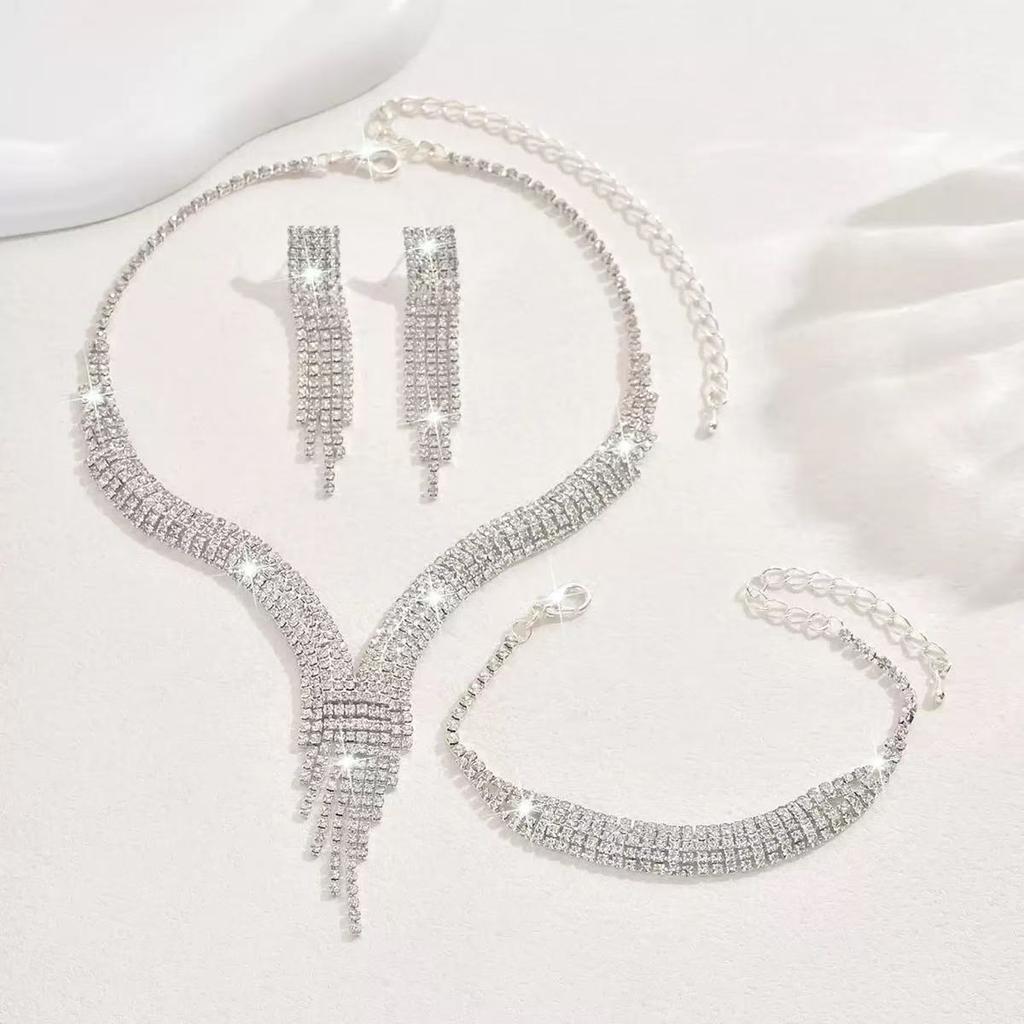 Fashion Rhinestone 3 - Piece Set Necklace Earrings Bracelet Cubic Zirconia Fringe Jewelry Set for Women