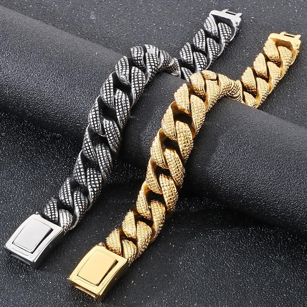 Готические мужские браслеты винтажные 15 мм ширина сплошная нержавеющая сталь панцирный кубинский звено цепи браслет мужские мужские ювелирные изделия подарки 2 цвета