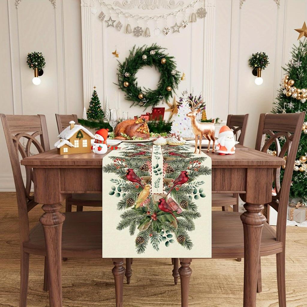 Christmas Cardinal Pine Needle Holly Linen Table Runner Party Decor Winter Kitchen Dining Table Runners Christmas Decorations