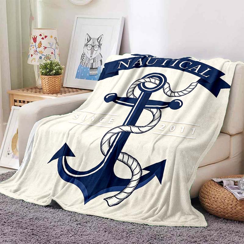 N-Nautica Nautical Anchor Print Flannel Blanket Ultra Soft Warm Throw For Couch Bedroom Living Room Indoor Home Decor Gift