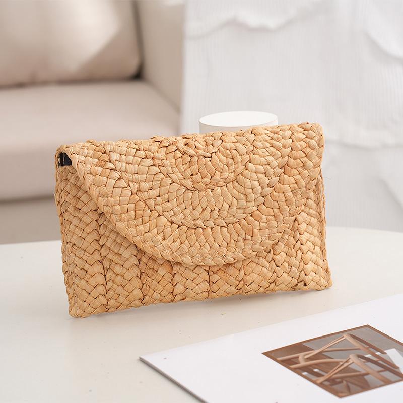 Модная пляжная сумка, женская летняя пляжная сумка-конверт, тканый клатч, однотонная, большая вместительная сумка для хранения, соломенная сумка из кукурузной шелухи