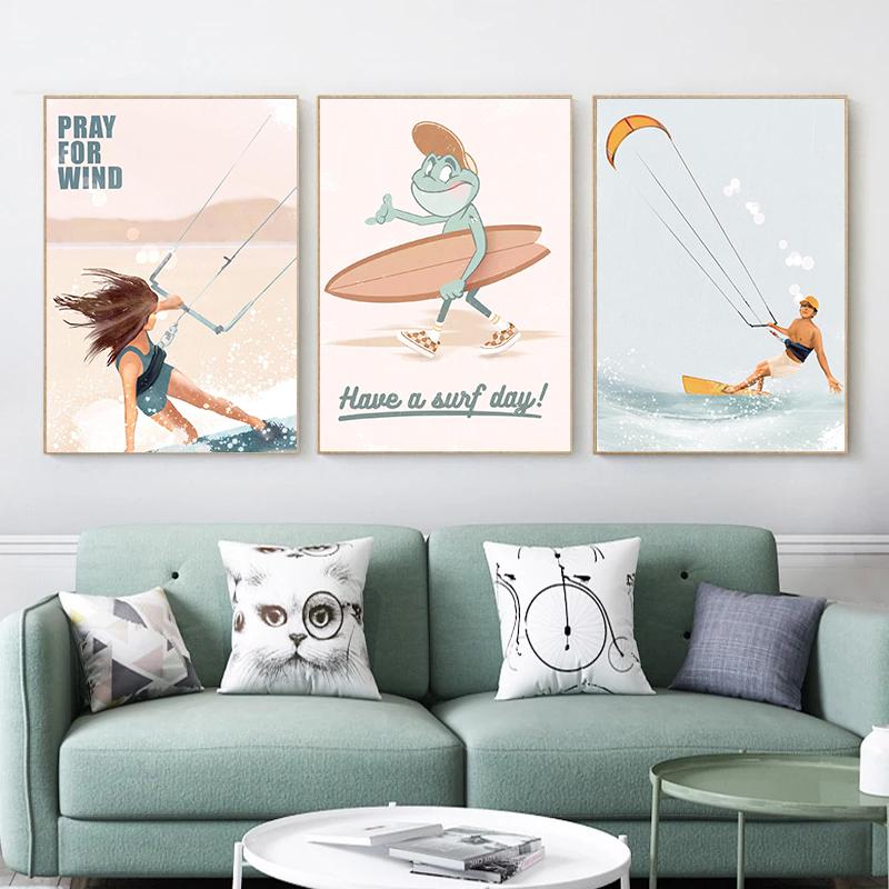 Minimalism Beach Surfing Boho Posters Pink Beach Summer Coastal Prints Canvas Painting Wall Art Pictures Home Living Room Decor
