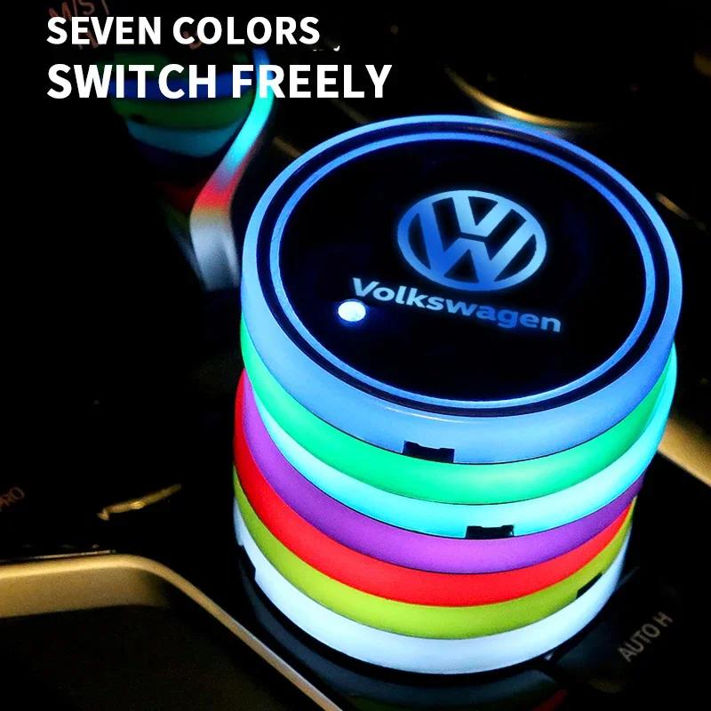 Car logo Cup Holder Bottom Pad LED Light Colorful Coaster For Volkswagen VW GTI Rline R Polo Golf Passat Tiguan Car Accessories