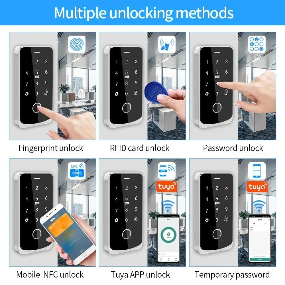 Tuya Bluetooth Клавиатура контроля доступа с подсветкой и сенсорным управлением IP65 Водонепроницаемая RFID 13,56 МГц Клавиатура Биометрический сканер отпечатков пальцев Открыватель двери