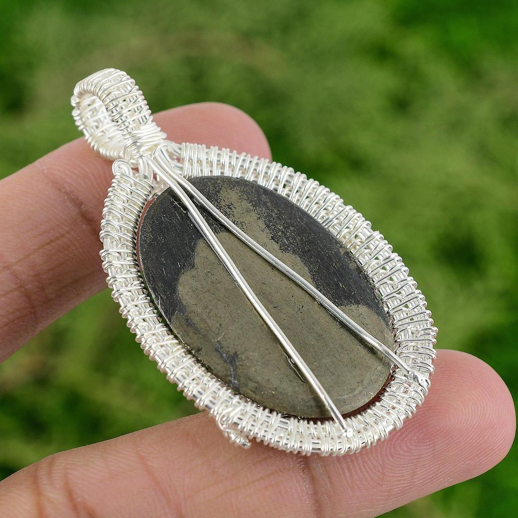 925 Sterling Silver Oval Pyrite Gemstone Bezel Boho Wire Wrapped Pendant Jewelry