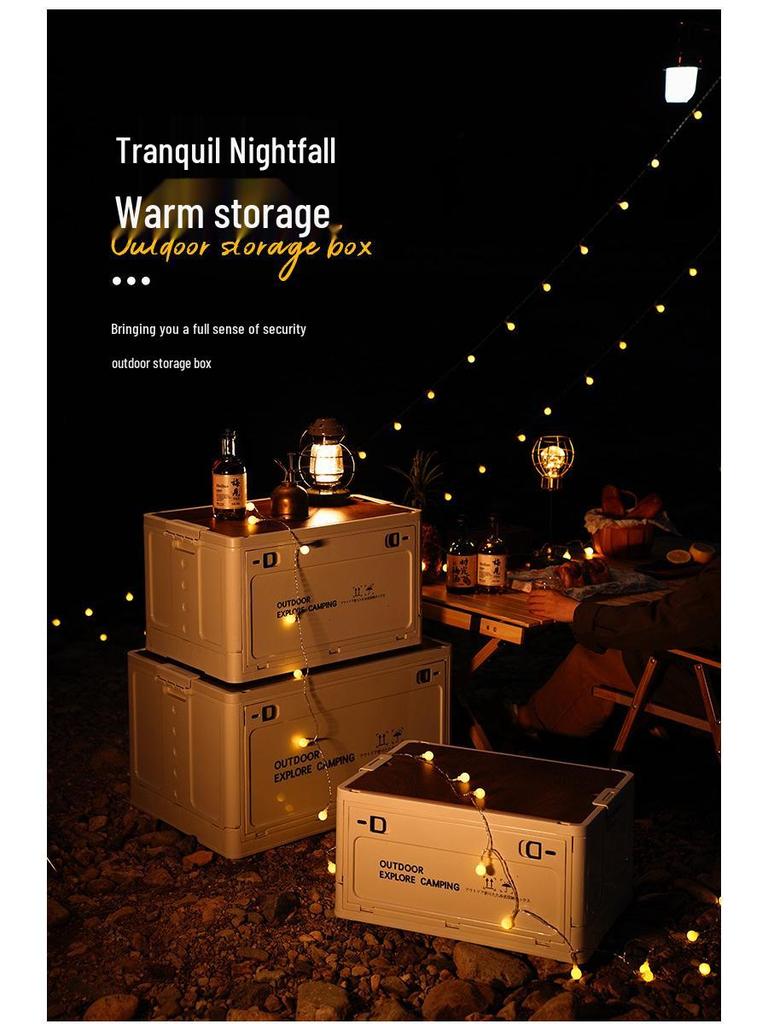 Portable Wheeled Camping Storage Box with Wooden Lid and Side-Opening Access