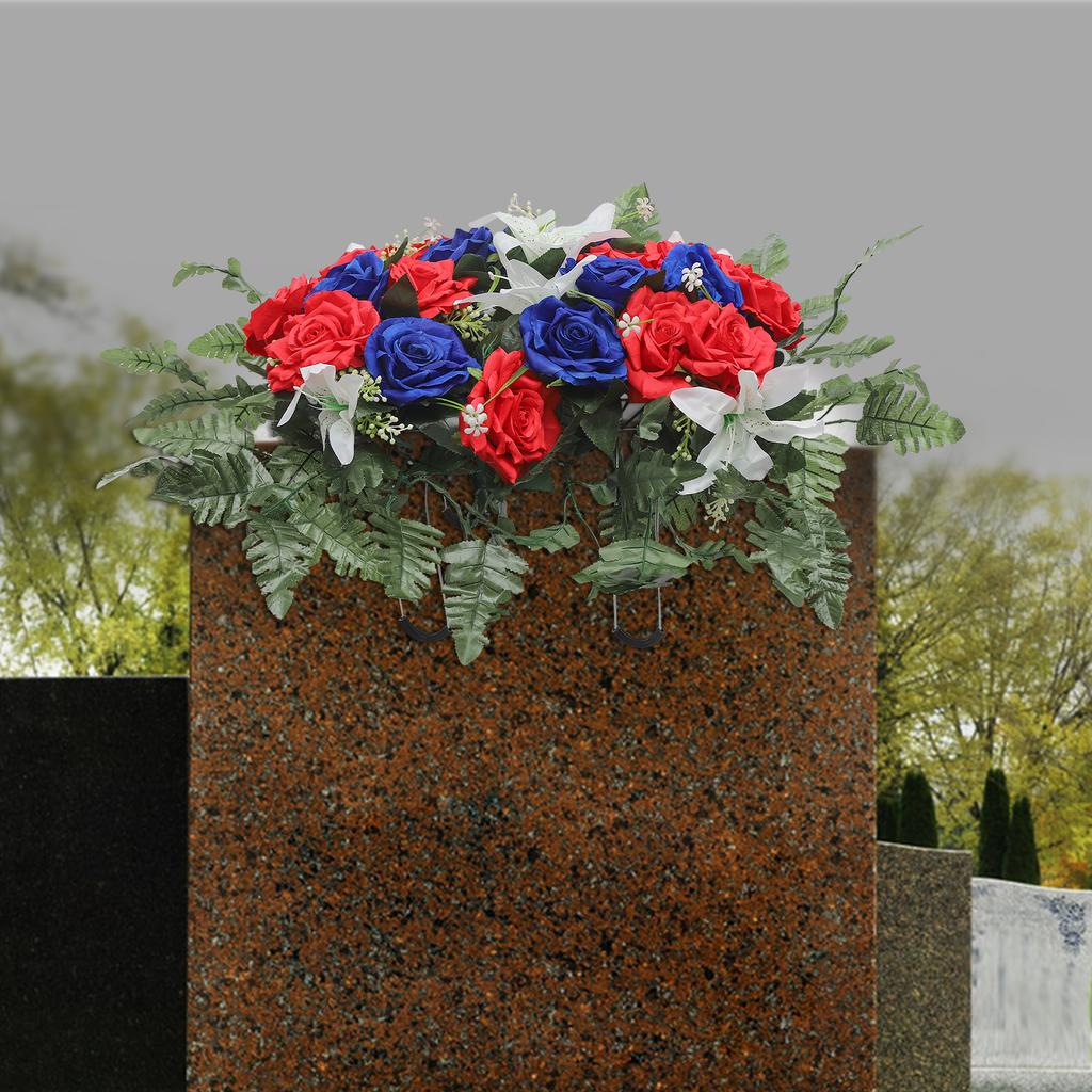 47*64cm Artificial Silk Cloth Cemetery Flower,Red Blue Outdoor Grave Decorations for Headstones and Funeral Ceremonies