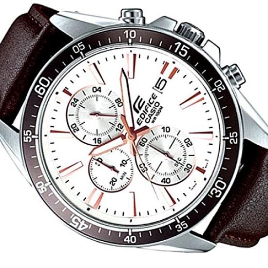 EDIFICE Chronograph 100m Waterproof Metal or Leather Belt Watch for Men (EFR-546D-1A EFR-546L-1A EFR-546L-7A) (EFR-546L-7A (Leather Silver))