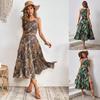 Women Spring Sleeveless Flower Print Suspender Straps Dress Set Summer Casual Short Top A-Line Ankle-Length High Waist Skirts Suit