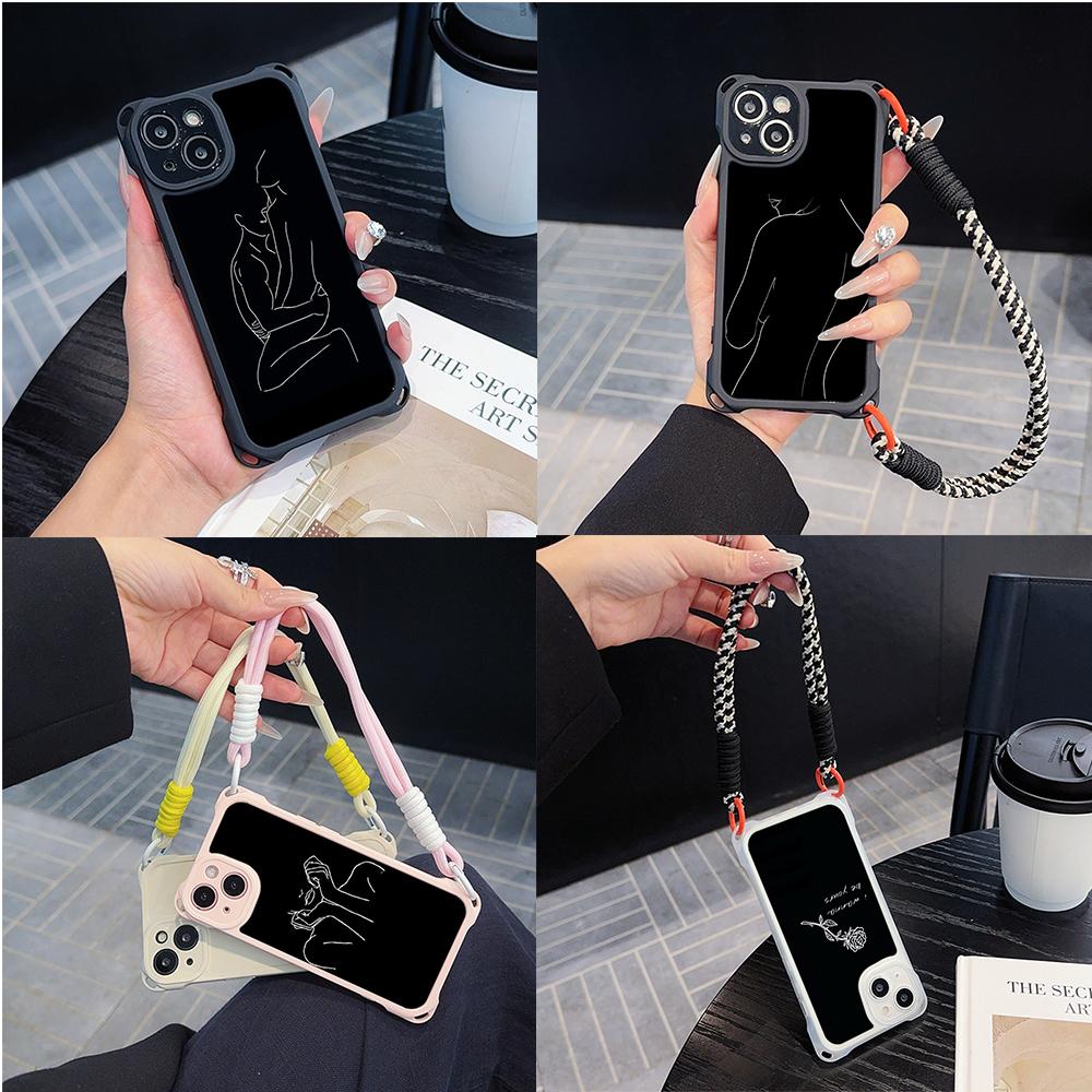 Ae79 femme каркасные черные мягкие чехлы для телефонов iPhone 16 15 14 13 12 11 Pro Max 7 8 Plus XR XS с ремешком на запястье, защитным шнурком для углов, задняя крышка