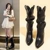 Модные высокие каблуки до середины голени плиссированные сапоги для женщин осень-зима черные кожаные сапоги в стиле вестерн женские ковбойские сапоги на толстом каблуке