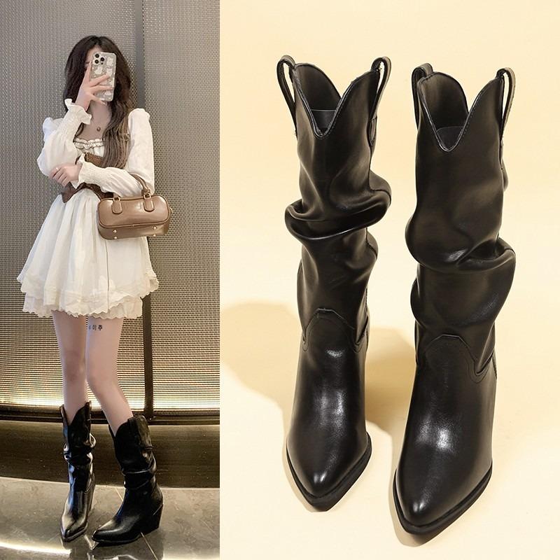Модные высокие каблуки до середины голени плиссированные сапоги для женщин осень-зима черные кожаные сапоги в стиле вестерн женские ковбойские сапоги на толстом каблуке