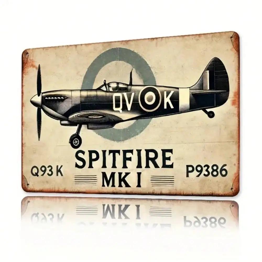 Vintage Spitfire Aircraft Metal Wall Art Retro Aluminum Sign for Garage Pub and Office Decor