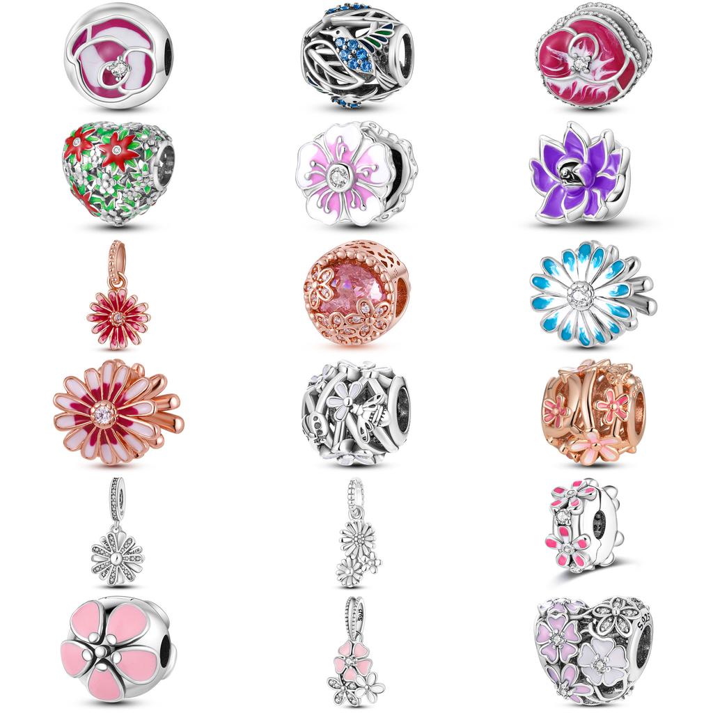 Fashion 925 Silver Dangle Charm Beads Spring Flower Fit Original Bracelet DIY For Pendant Necklace Making Women Gift