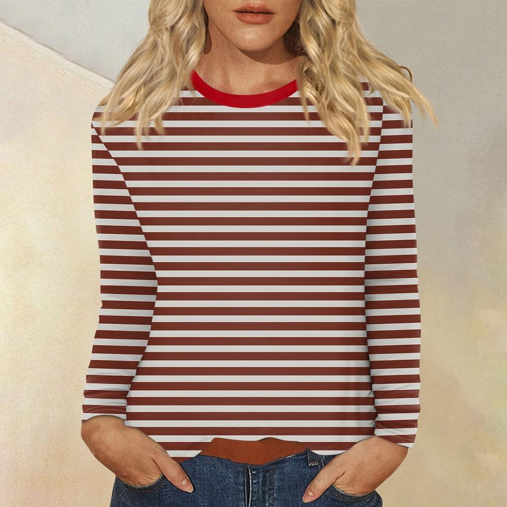 Женский повседневный топ с круглым вырезом и длинными рукавами в полоску с принтом
