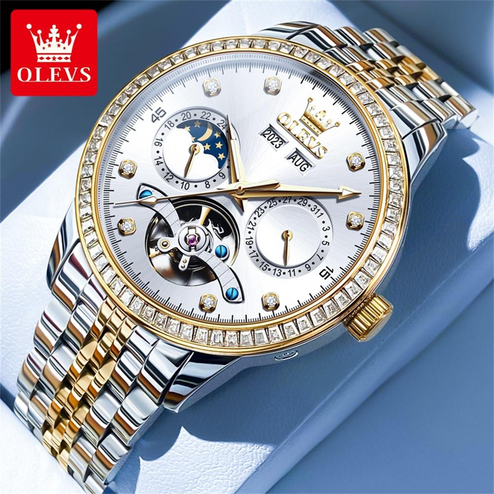 OLEVS 7016 Man Watches Top Brand Original Moon Phase Mechanical Watch For Men Hollow Waterproof Perpetual Calendar Male Clock