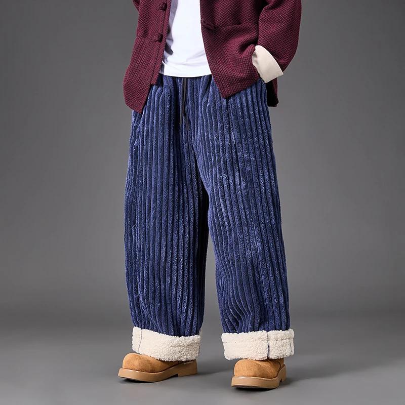 Men Corduroy Casual Fleece Pants Winter Men Cotton-Padded Trousers Man Thick Warm Wide Leg Straight Pants Male Leisure Pants