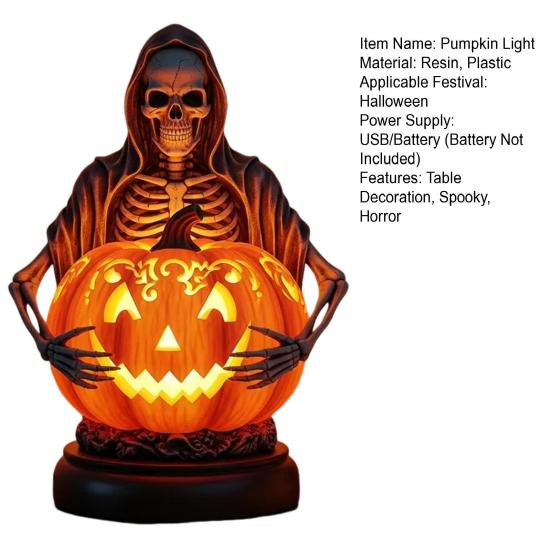 Halloween Pumpkin Light Resin Skeleton Ghost Witch Pumpkin Lantern Gothic Curved Pumpkin Night Light for Home Tabletop Desk Decor