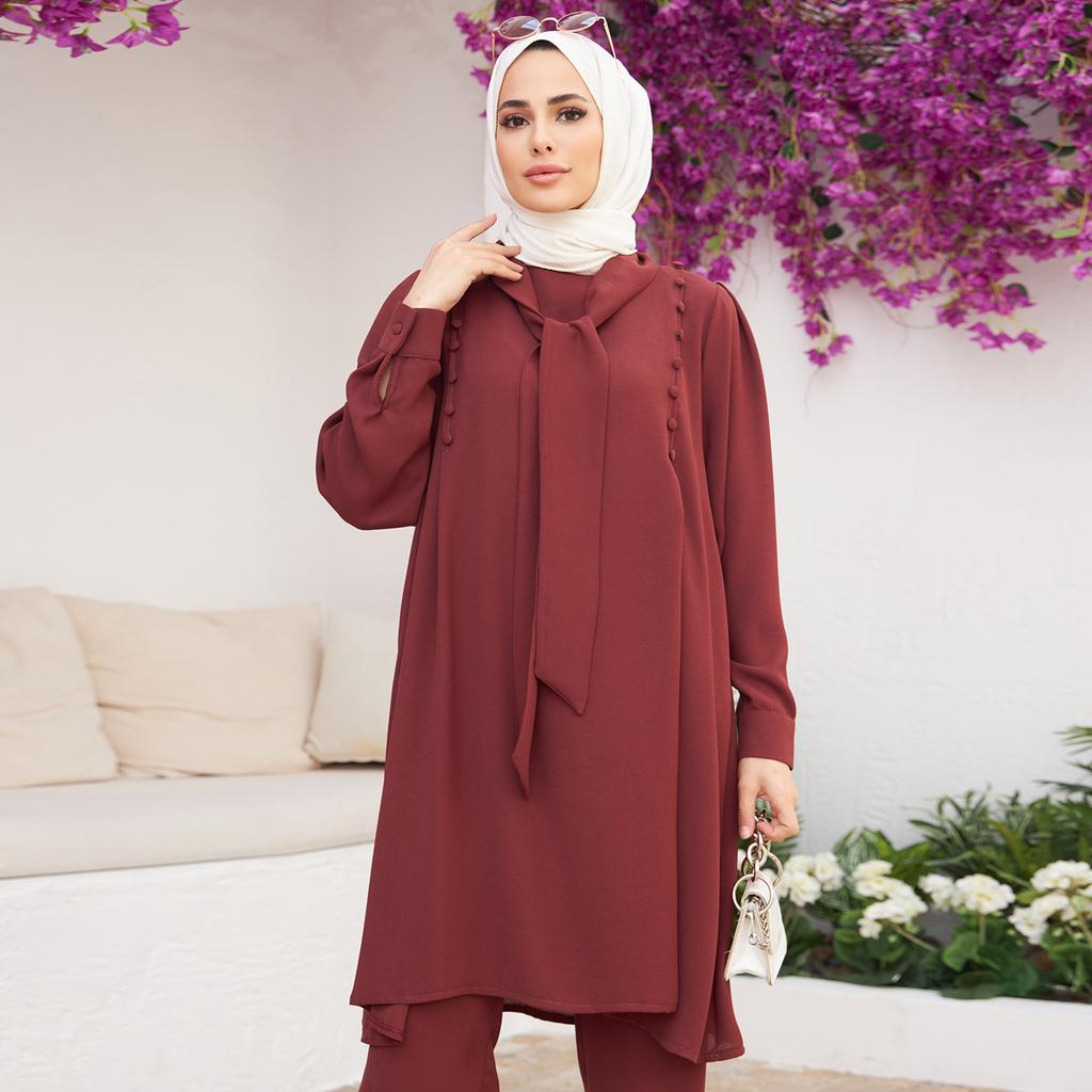 Foulard Collar Women Tunic Pants Double Suit Combine Islamic Muslim Casual Fashion Loose Summer Summer New Season Turkey
