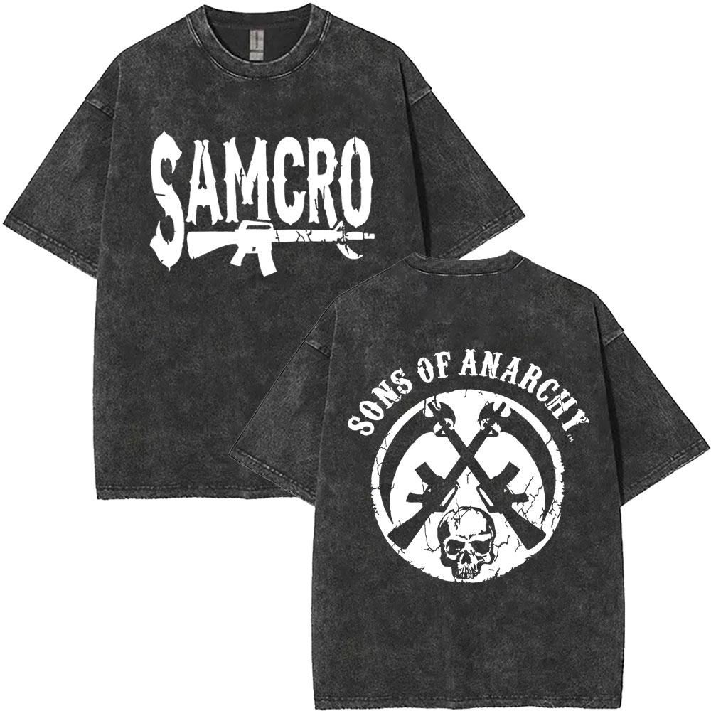 MXLLimited Anarchy Son Samcro Vintage Wash Tshirt Unisexs And Womens Skeleton Hip Hop Rock Casual Tshirt Short Sleeve Top